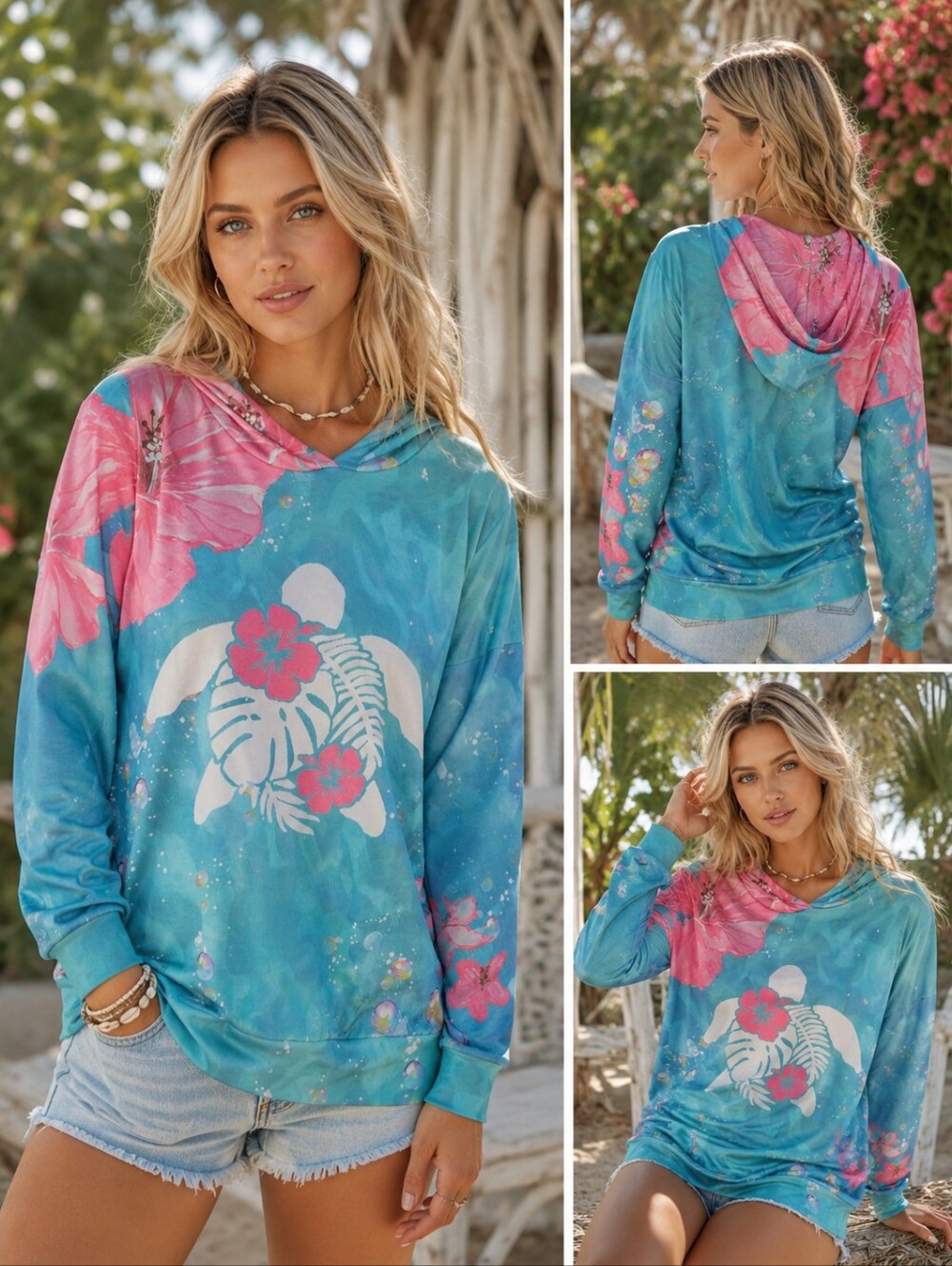 Aqua And Pink Sea Turtle Hooded Sweatshirt Size M Coastal, Beach